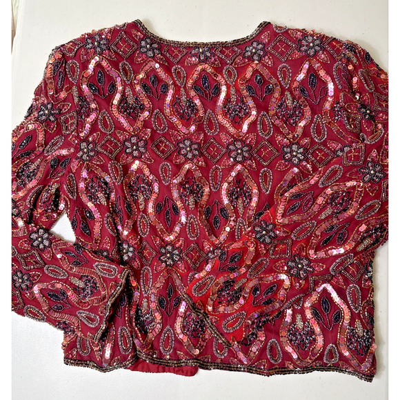 Vintage STENAY Beaded Silk Jacket Size L FLAWS Burgundy Wine Dark Red Floral - Picture 12 of 13